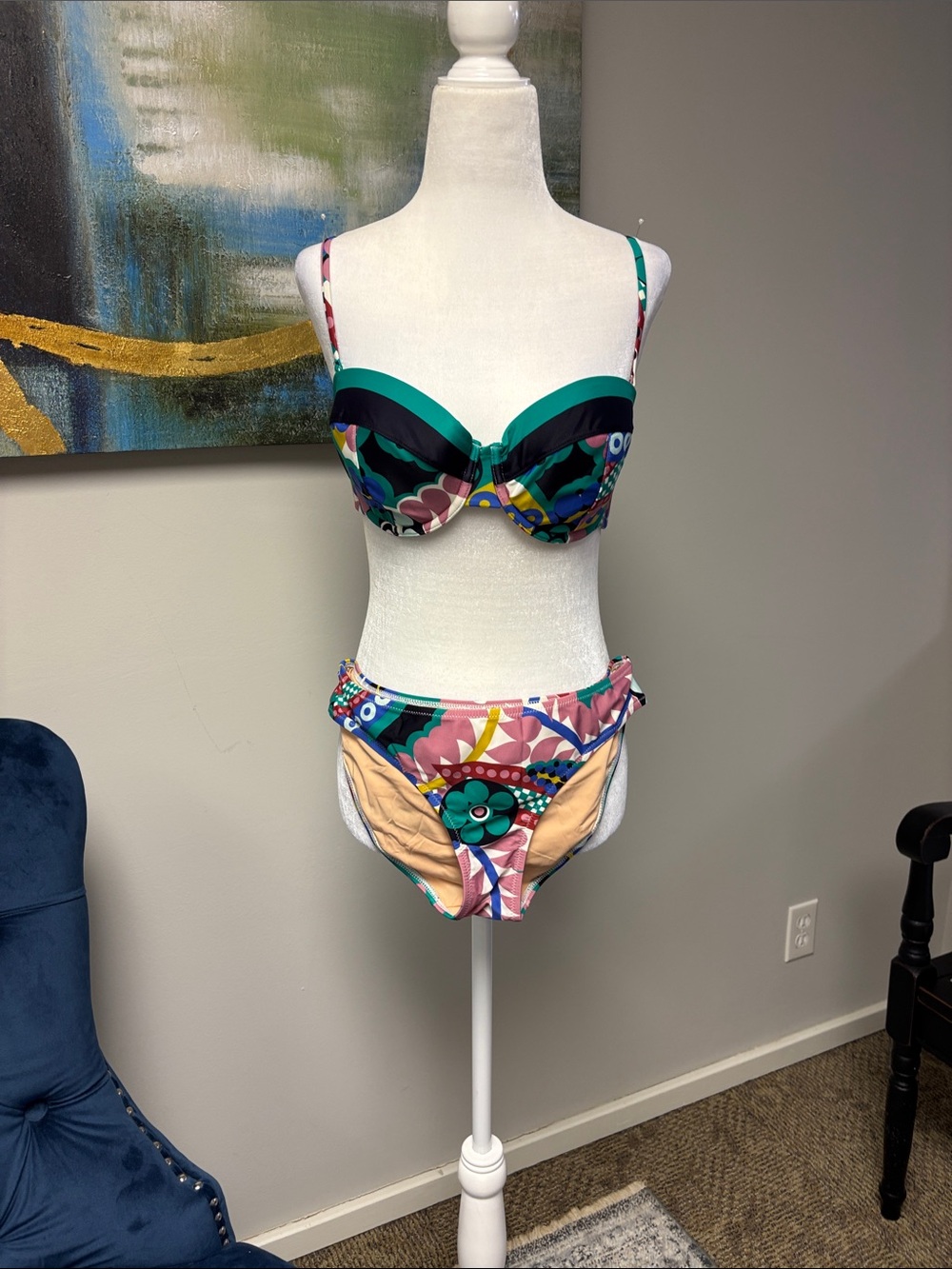 J. Crew Multicolor Floral Print Bikini with Teal Accents